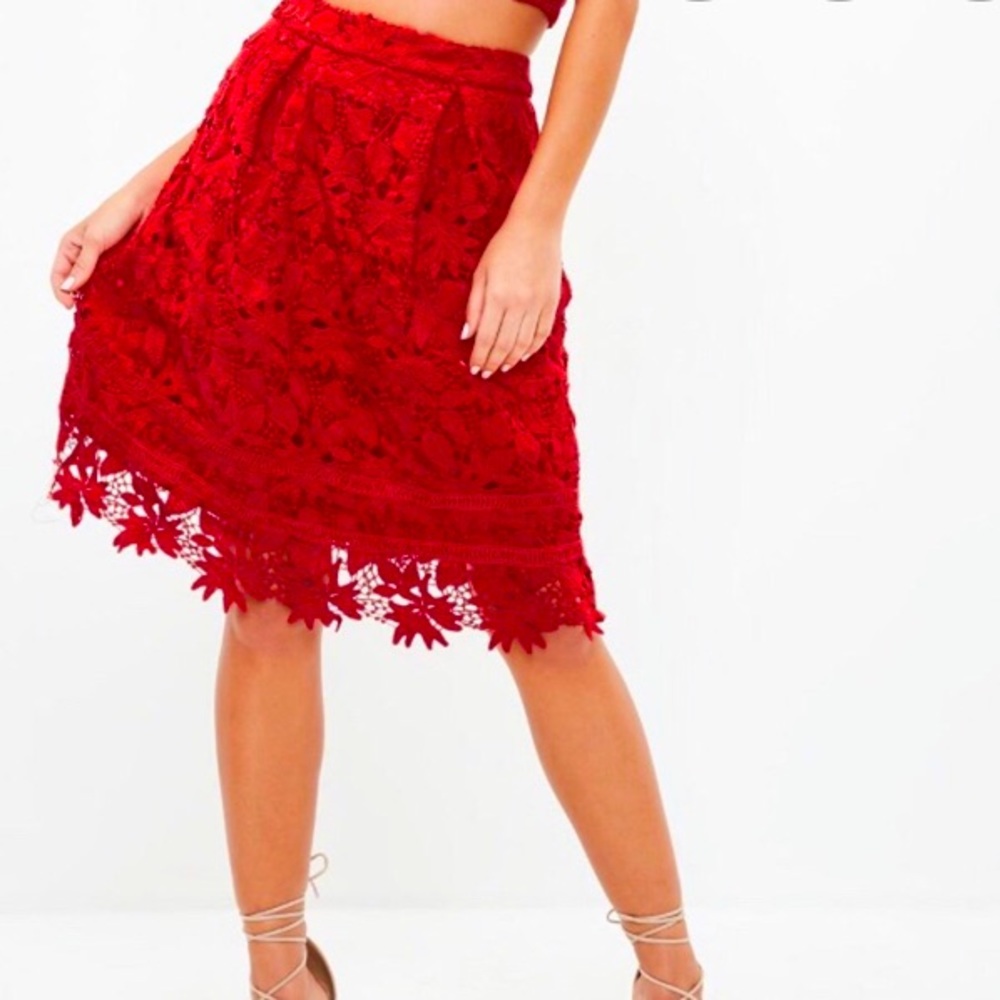 Missguided Red Lace Midi Skirt (Size 6)